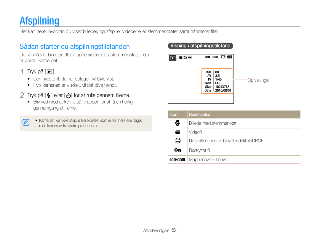 Samsung EC-ES30ZZBASE2 manual Afspilning, Sådan starter du afspilningstilstanden, Tryk på eller for at rulle gennem filerne 