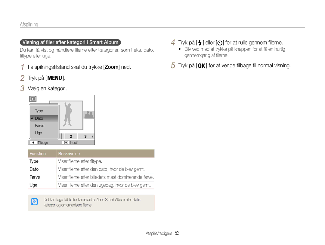 Samsung EC-ES30ZZBABE2, EC-ES30ZZBABE3, EC-ES30ZZBASE2 Afspilningstilstand skal du trykke Zoom ned, Vælg en kategori 