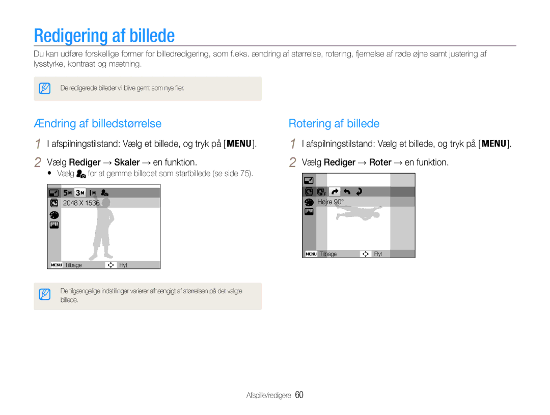 Samsung EC-ES30ZZBASE2, EC-ES30ZZBABE3 manual Redigering af billede, Ændring af billedstørrelse, Rotering af billede 