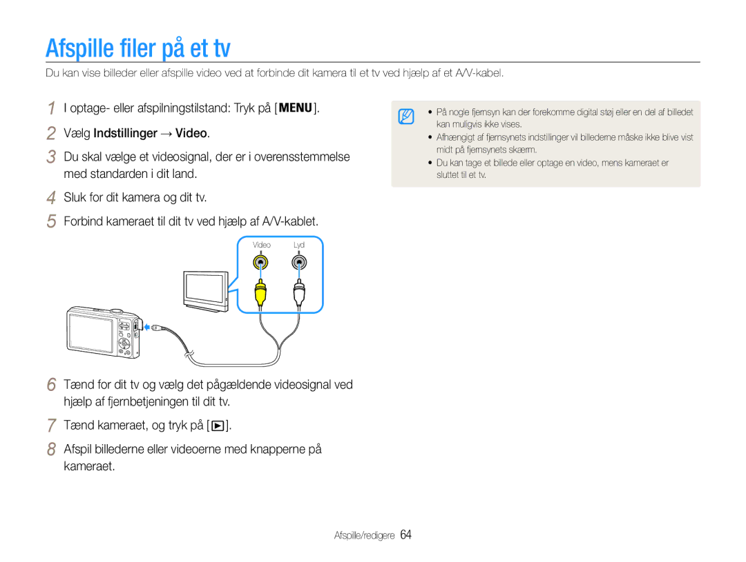 Samsung EC-ES30ZZBASE2 manual Afspille filer på et tv, Kameraet, Afspil billederne eller videoerne med knapperne på 