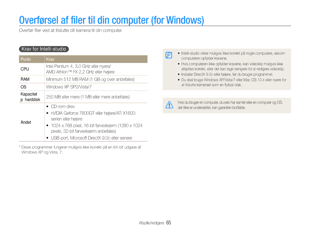 Samsung EC-ES30ZZBABE2 manual Overførsel af filer til din computer for Windows, Krav for Intelli-studio, Punkt Krav 