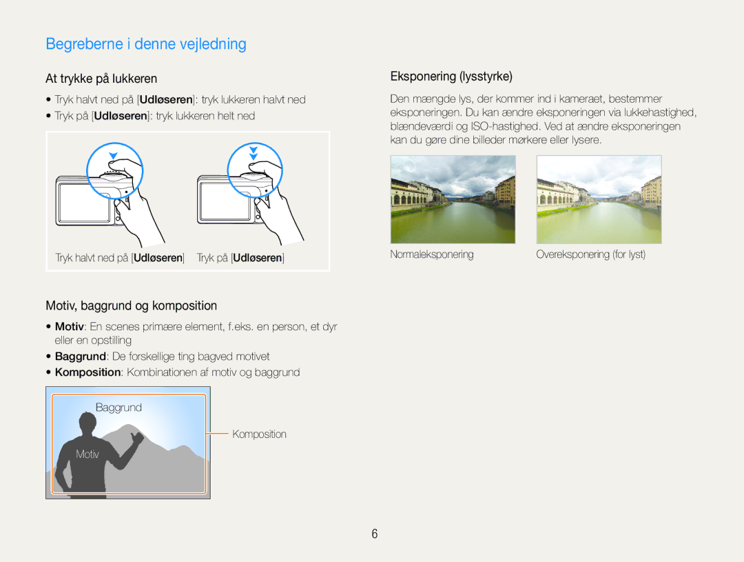 Samsung EC-ES30ZZBAPE2 manual Begreberne i denne vejledning, At trykke på lukkeren, Motiv, baggrund og komposition 