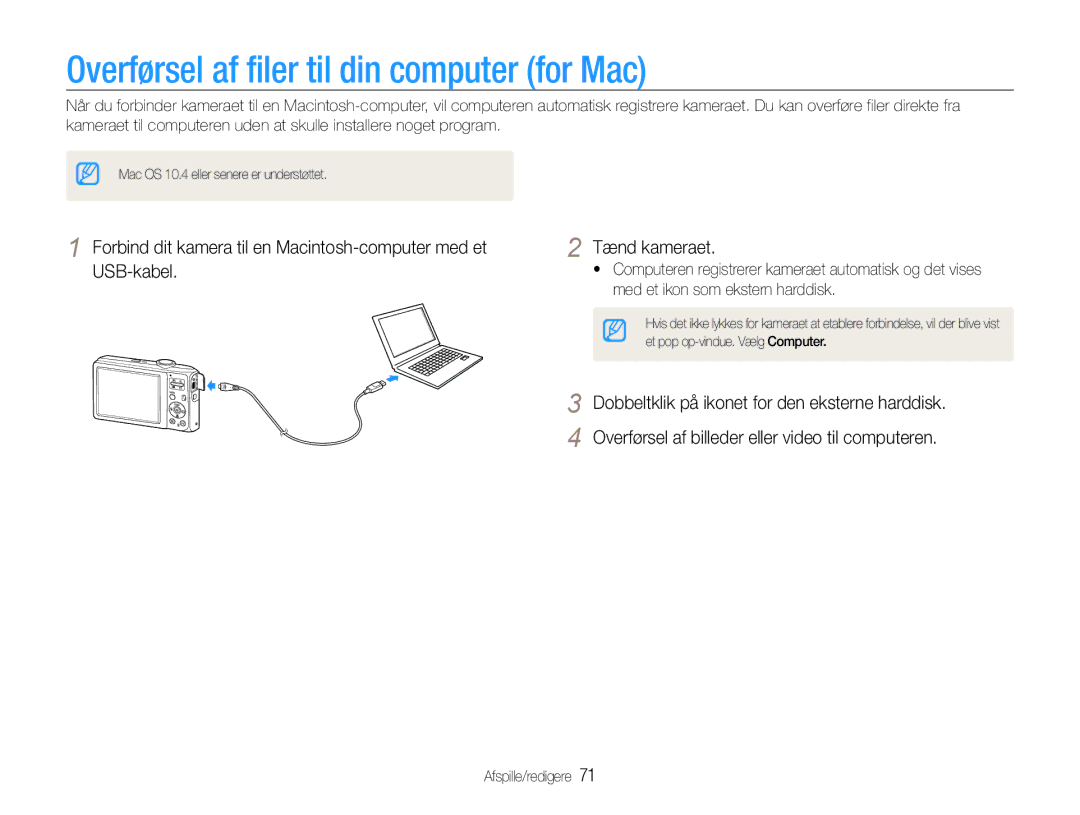 Samsung EC-ES30ZZBABE3, EC-ES30ZZBASE2, EC-ES30ZZBABE2, EC-ES30ZZBAPE2 manual Overførsel af filer til din computer for Mac 