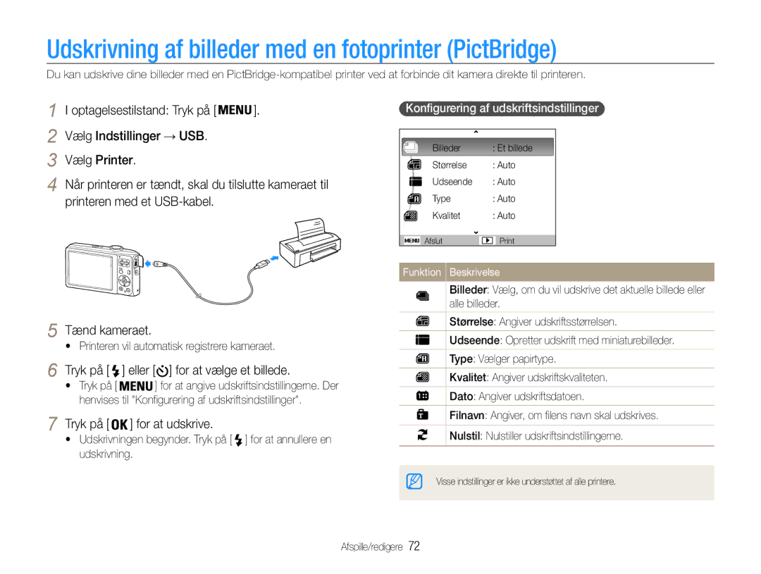 Samsung EC-ES30ZZBASE2 manual Udskrivning af billeder med en fotoprinter PictBridge, Vælg Indstillinger → USB Vælg Printer 