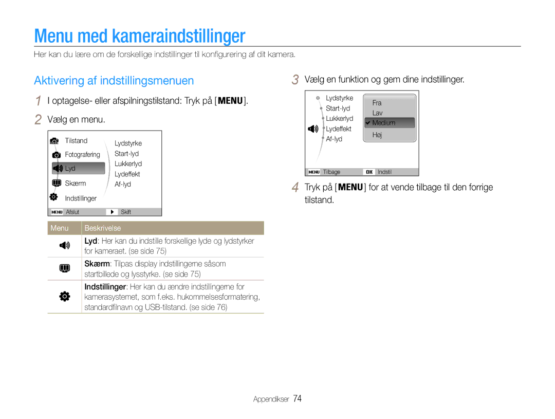 Samsung EC-ES30ZZBAPE2 manual Menu med kameraindstillinger, Aktivering af indstillingsmenuen, Tilstand, Menu Beskrivelse 