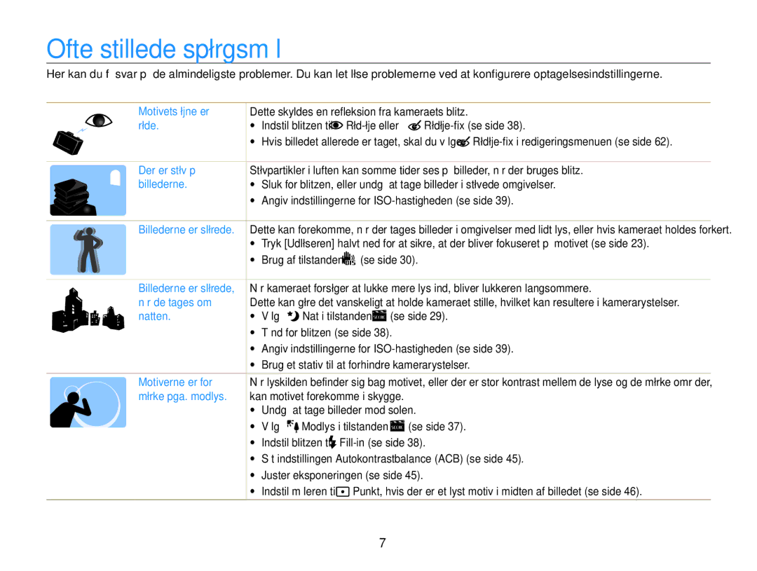 Samsung EC-ES30ZZBABE3, EC-ES30ZZBASE2 manual Ofte stillede spørgsmål, Indstil blitzen til Rød-øje eller Rødøje-fix se side 