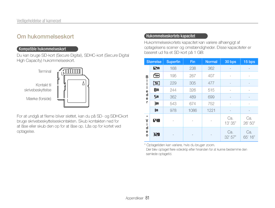 Samsung EC-ES30ZZBABE2, EC-ES30ZZBABE3 manual Om hukommelseskort, Vedligeholdelse af kameraet, Kompatible hukommelseskort 