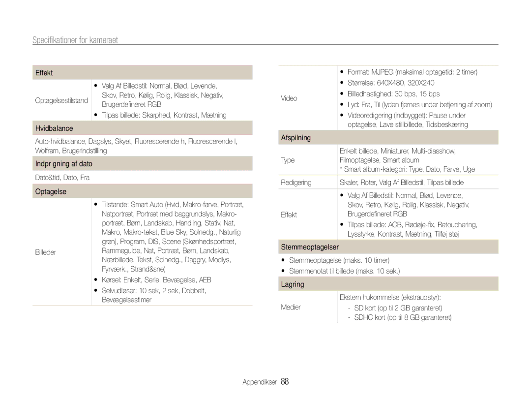 Samsung EC-ES30ZZBASE2, EC-ES30ZZBABE3, EC-ES30ZZBABE2, EC-ES30ZZBAPE2 manual Specifikationer for kameraet 