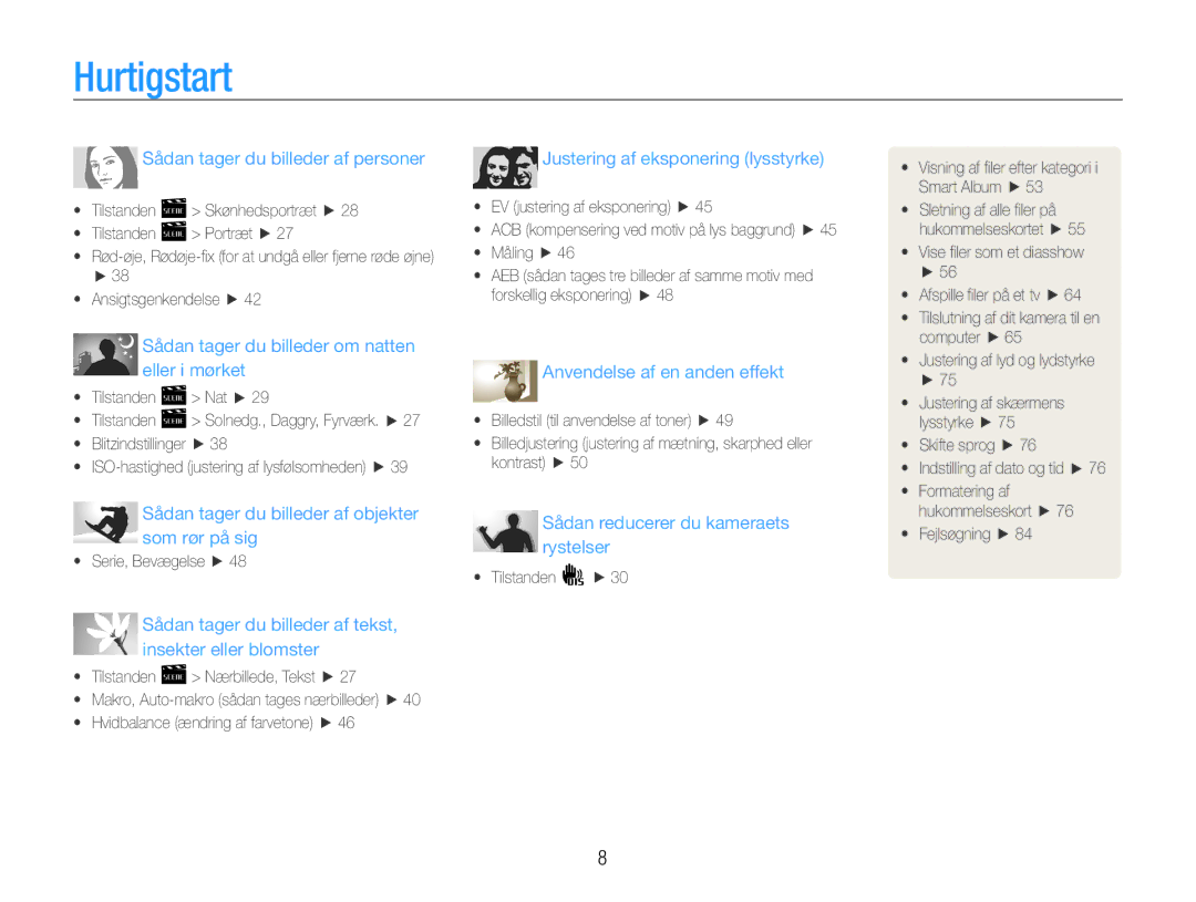 Samsung EC-ES30ZZBASE2, EC-ES30ZZBABE3, EC-ES30ZZBABE2, EC-ES30ZZBAPE2 manual Hurtigstart, Sådan tager du billeder af personer 
