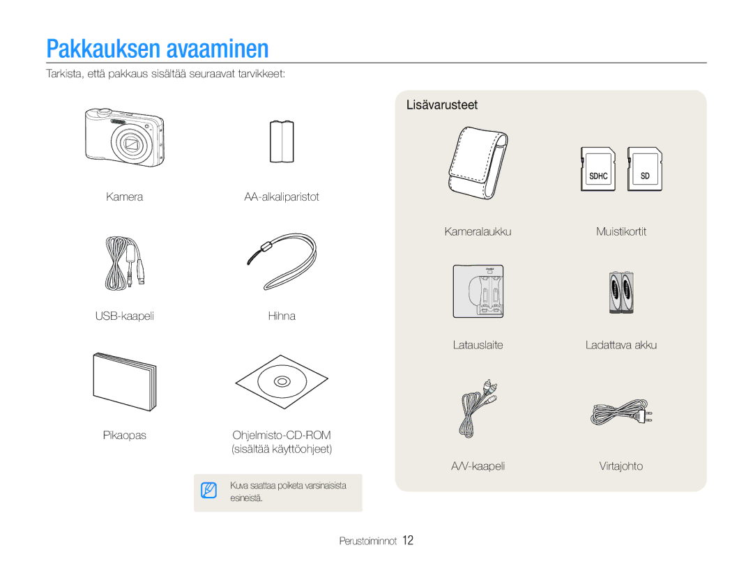 Samsung EC-ES30ZZBASE2 manual Pakkauksen avaaminen, Lisävarusteet, Tarkista, että pakkaus sisältää seuraavat tarvikkeet 