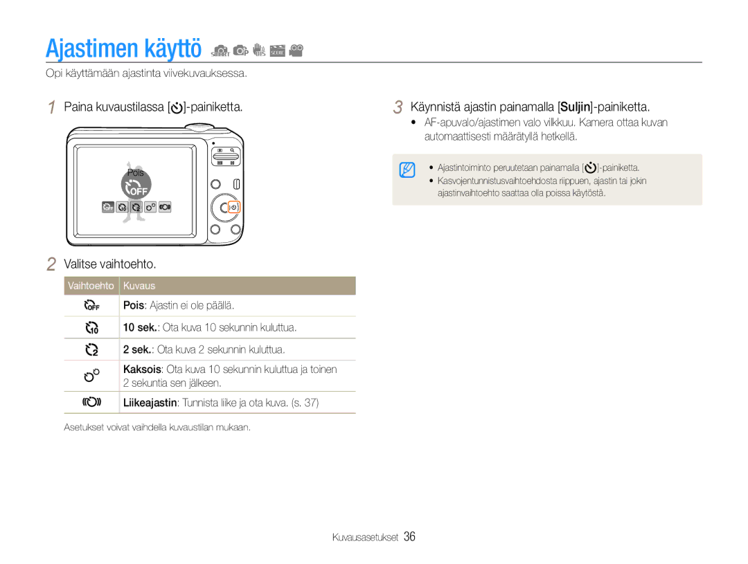 Samsung EC-ES30ZZBASE2 Ajastimen käyttö, Paina kuvaustilassa -painiketta, Käynnistä ajastin painamalla Suljin-painiketta 