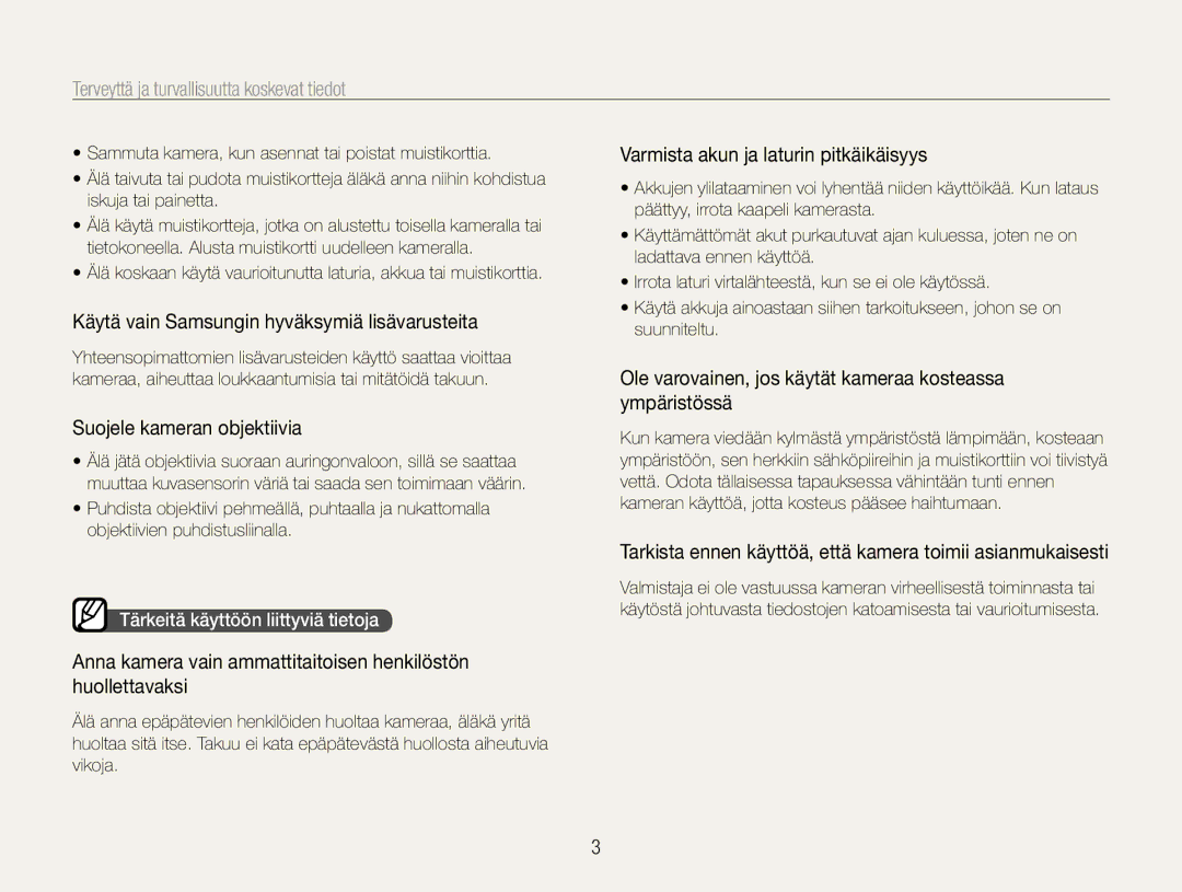 Samsung EC-ES30ZZBABE3, EC-ES30ZZBASE2, EC-ES30ZZBABE2, EC-ES30ZZBAPE2 manual Terveyttä﻿ ja turvallisuutta koskevat tiedot 