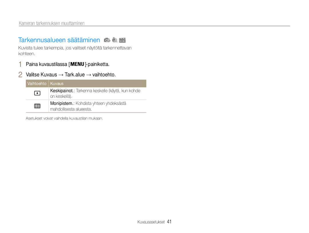 Samsung EC-ES30ZZBABE2, EC-ES30ZZBABE3, EC-ES30ZZBASE2 manual Tarkennusalueen säätäminen, Kameran tarkennuksen muuttaminen 