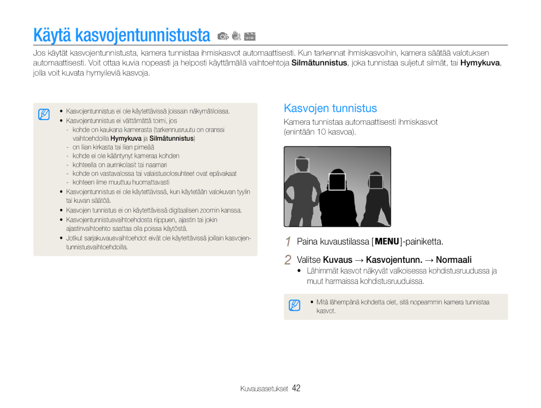 Samsung EC-ES30ZZBAPE2 manual Käytä kasvojentunnistusta, Kasvojen tunnistus, Valitse Kuvaus → Kasvojentunn. → Normaali 