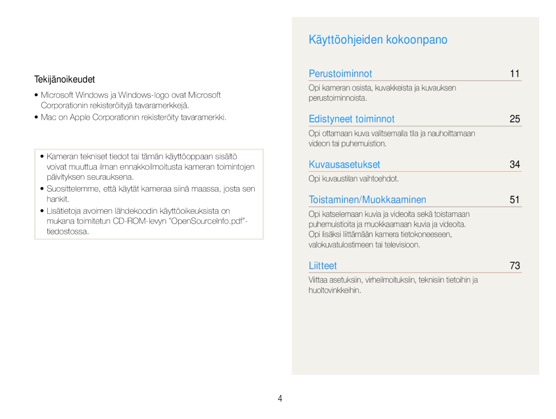 Samsung EC-ES30ZZBASE2 Käyttöohjeiden kokoonpano, Tekijänoikeudet, Videon tai puhemuistion, Opi kuvaustilan vaihtoehdot 