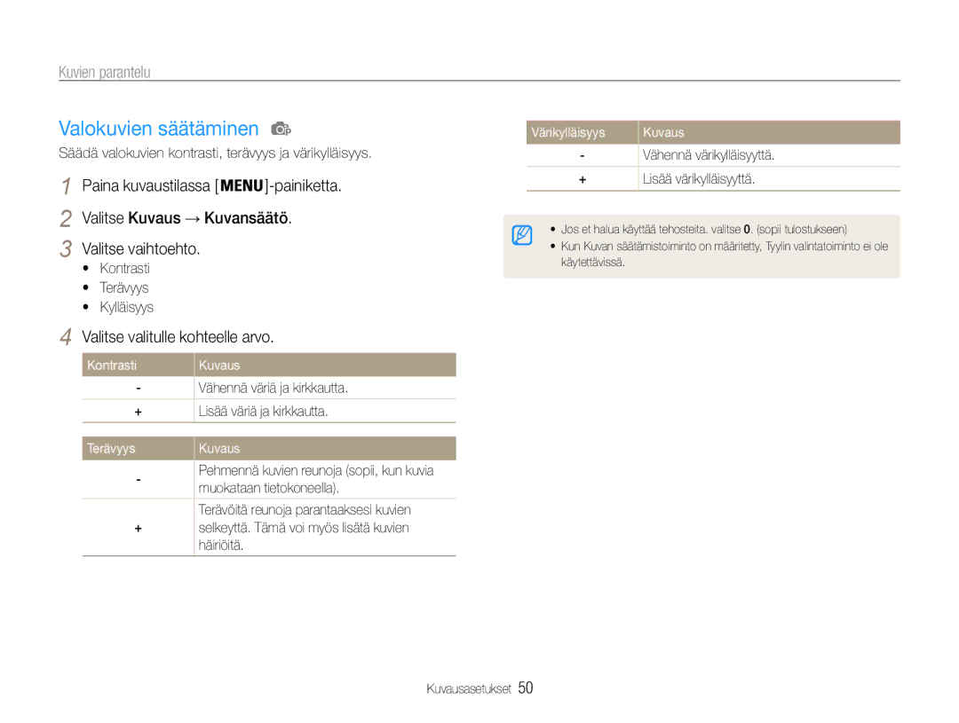 Samsung EC-ES30ZZBAPE2, EC-ES30ZZBABE3 manual Valokuvien säätäminen, Kuvien parantelu, Valitse valitulle kohteelle arvo 