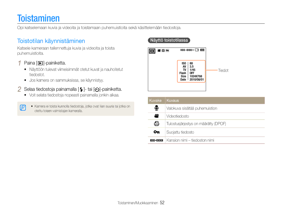 Samsung EC-ES30ZZBASE2, EC-ES30ZZBABE3 Toistaminen, Toistotilan käynnistäminen, Paina -painiketta, Näyttö toistotilassa 