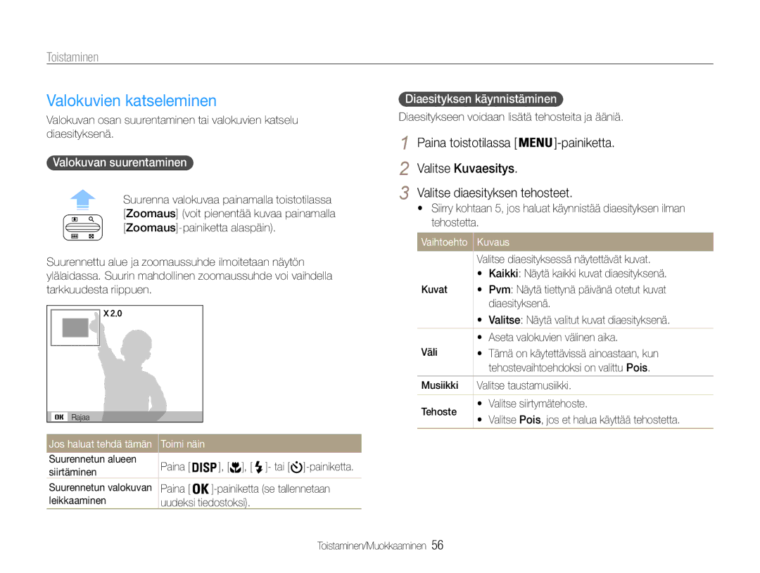 Samsung EC-ES30ZZBASE2 Valokuvien katseleminen, Valitse Kuvaesitys Valitse diaesityksen tehosteet, Valokuvan suurentaminen 