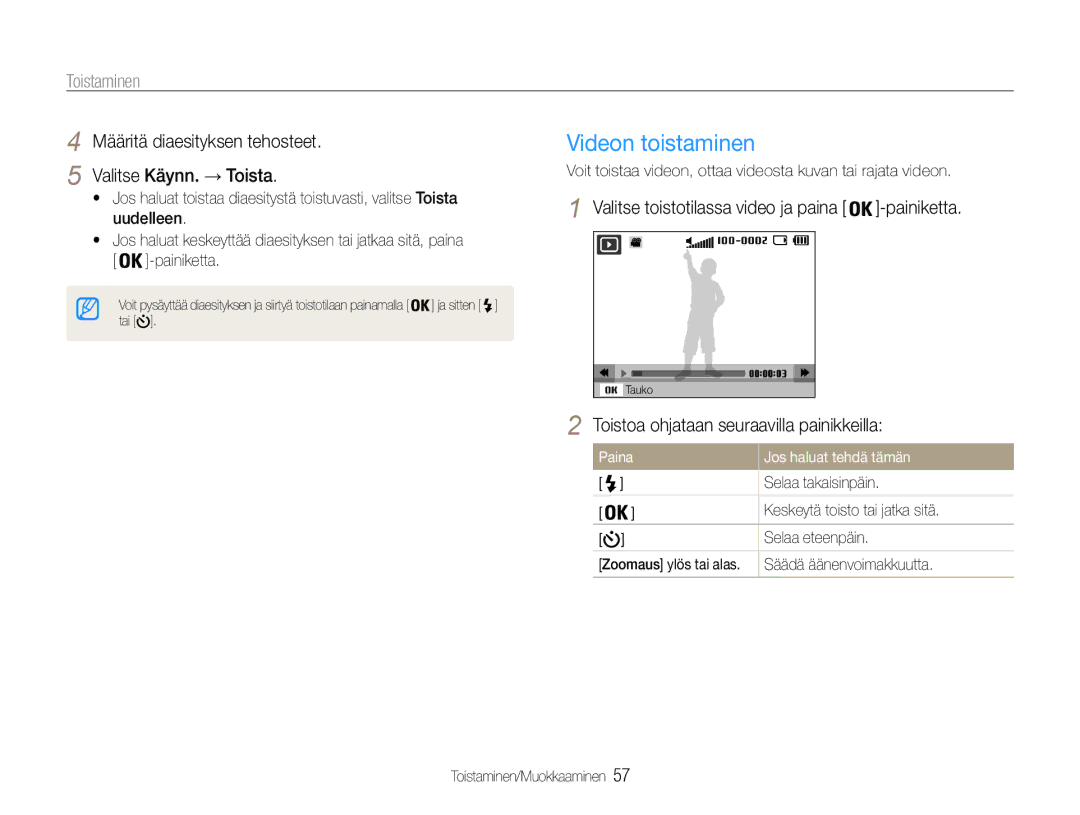 Samsung EC-ES30ZZBABE2, EC-ES30ZZBABE3 manual Videon toistaminen, Määritä diaesityksen tehosteet Valitse Käynn. → Toista 