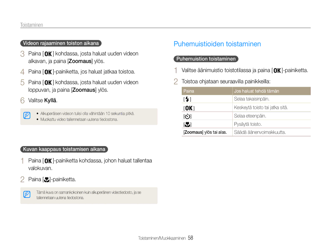 Samsung EC-ES30ZZBAPE2 Puhemuistioiden toistaminen, Valokuvan, Videon rajaaminen toiston aikana, Puhemuistion toistaminen 