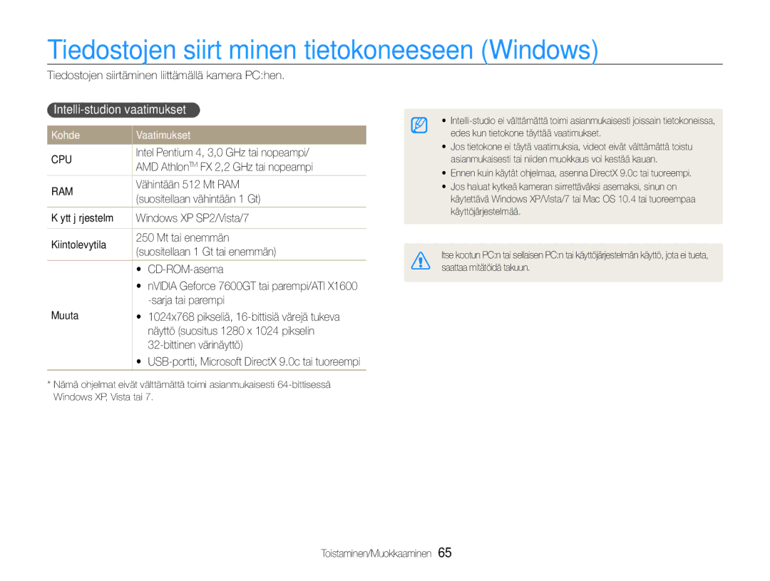 Samsung EC-ES30ZZBABE2 Tiedostojen siirtäminen tietokoneeseen Windows, Intelli-studion vaatimukset, Kohde Vaatimukset 