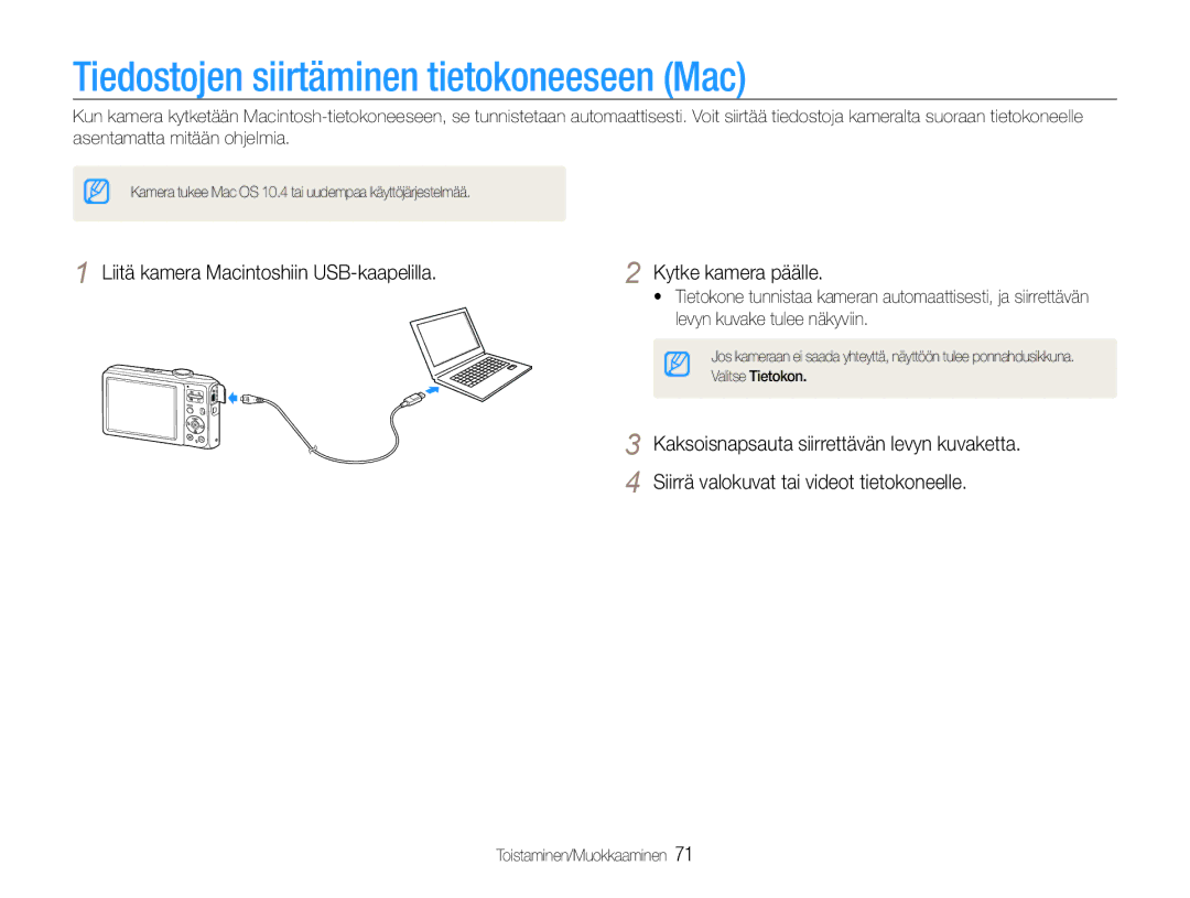 Samsung EC-ES30ZZBABE3, EC-ES30ZZBASE2, EC-ES30ZZBABE2, EC-ES30ZZBAPE2 manual Tiedostojen siirtäminen tietokoneeseen Mac 