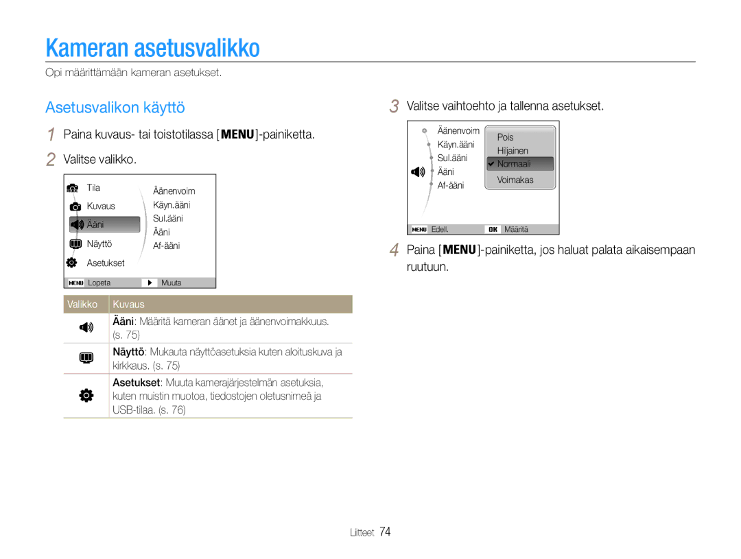 Samsung EC-ES30ZZBAPE2, EC-ES30ZZBABE3, EC-ES30ZZBASE2, EC-ES30ZZBABE2 manual Kameran asetusvalikko, Asetusvalikon käyttö 