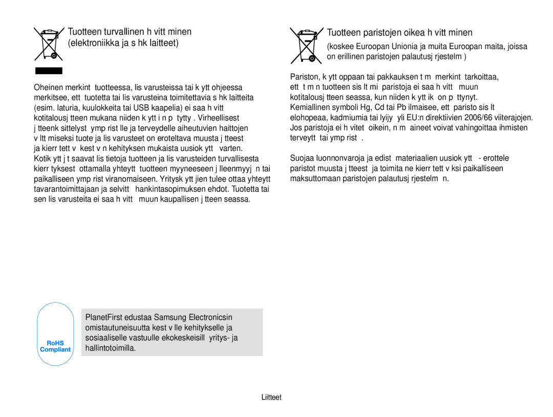 Samsung EC-ES30ZZBAPE2, EC-ES30ZZBABE3, EC-ES30ZZBASE2, EC-ES30ZZBABE2 manual Tuotteen paristojen oikea hävittäminen 