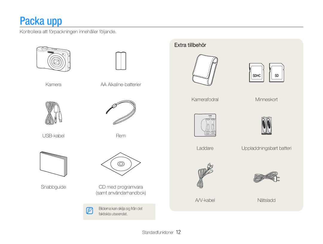 Samsung EC-ES30ZZBASE2, EC-ES30ZZBABE3, EC-ES30ZZBABE2, EC-ES30ZZBAPE2 manual Packa upp, Extra tillbehör 