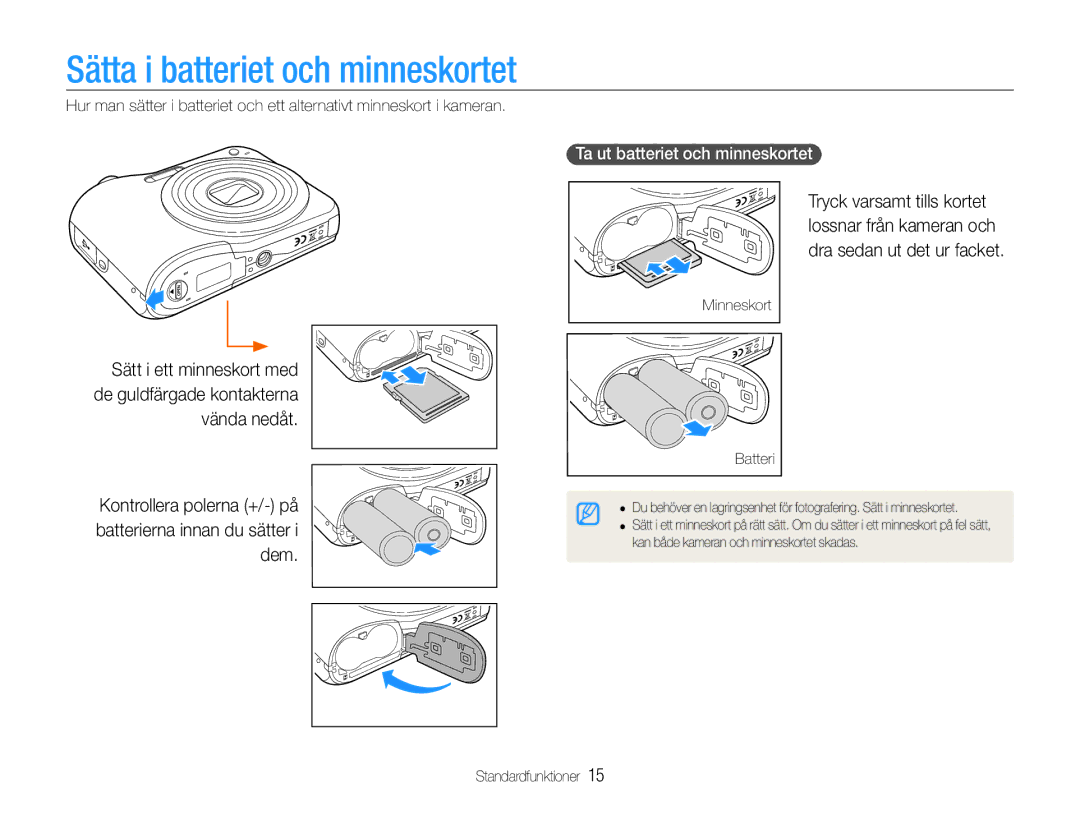 Samsung EC-ES30ZZBABE3, EC-ES30ZZBASE2 manual Sätta i batteriet och minneskortet, Ta ut batteriet och minneskortet, Batteri 