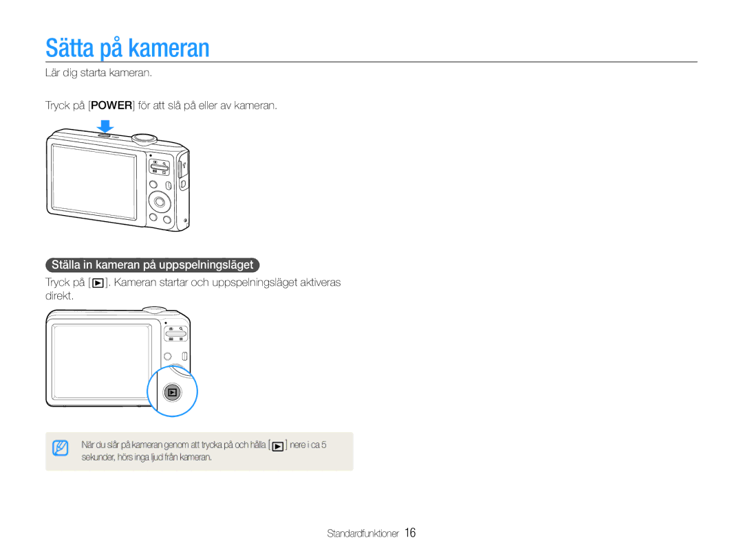 Samsung EC-ES30ZZBASE2, EC-ES30ZZBABE3, EC-ES30ZZBABE2 manual Sätta på kameran, Ställa in kameran på uppspelningsläget 