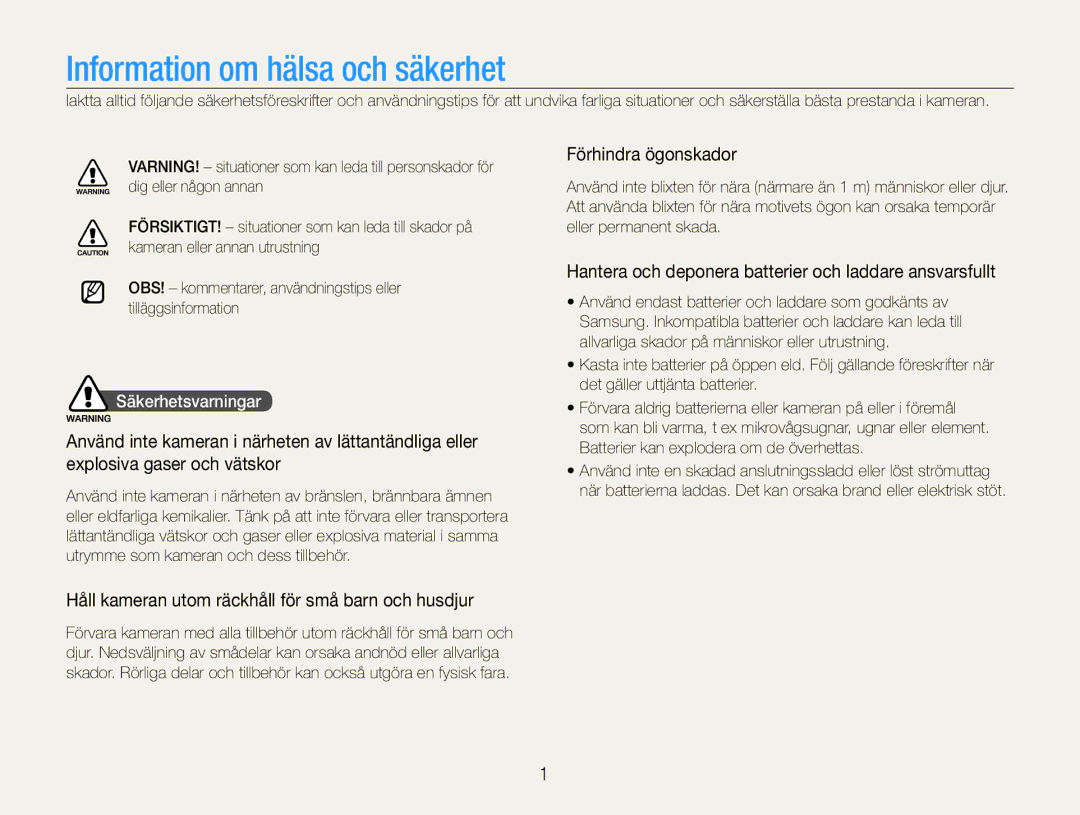 Samsung EC-ES30ZZBABE2 Förhindra ögonskador, Hantera och deponera batterier och laddare ansvarsfullt, Säkerhetsvarningar 