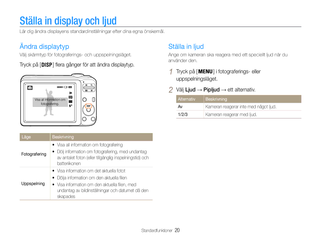 Samsung EC-ES30ZZBASE2, EC-ES30ZZBABE3, EC-ES30ZZBABE2 manual Ställa in display och ljud, Ändra displaytyp, Ställa in ljud 