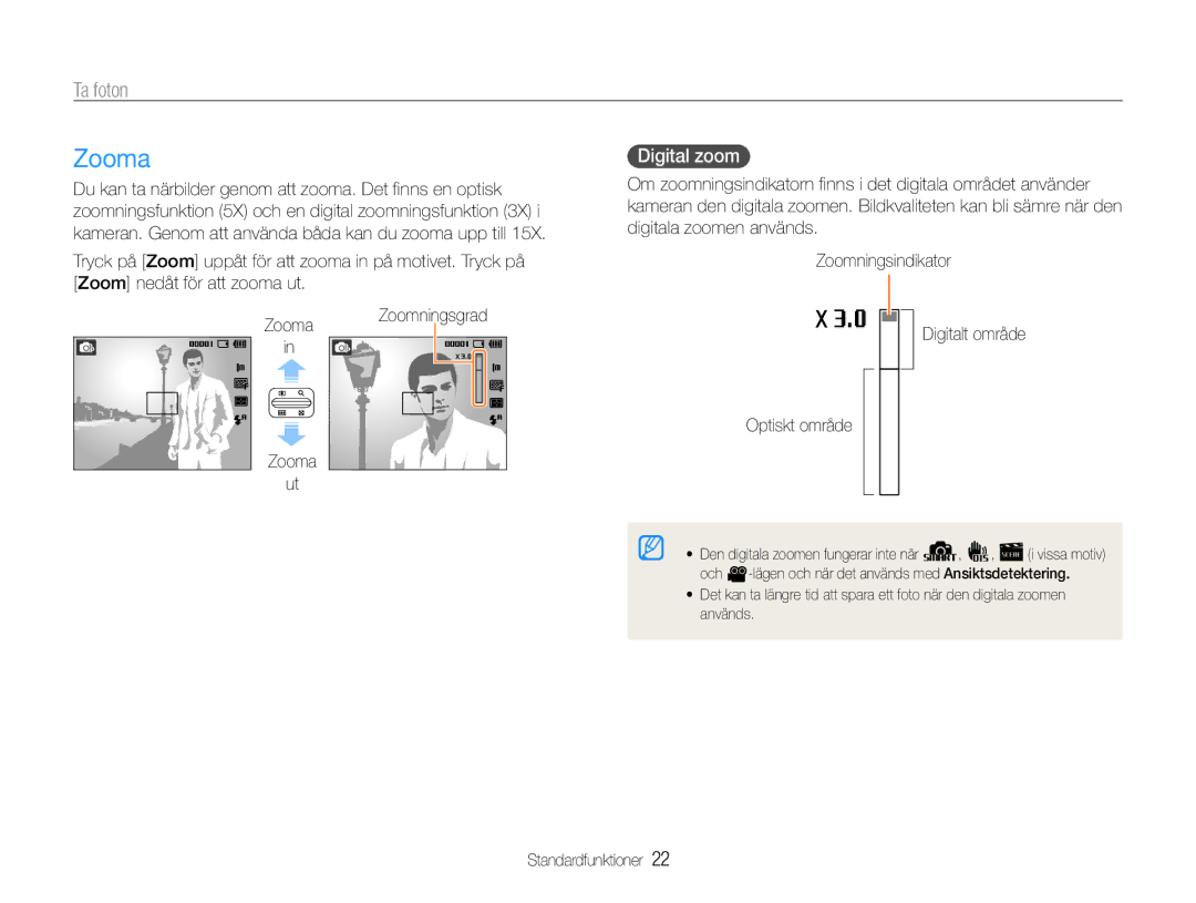 Samsung EC-ES30ZZBAPE2, EC-ES30ZZBABE3, EC-ES30ZZBASE2, EC-ES30ZZBABE2 manual Zooma, Ta foton, Digital zoom 