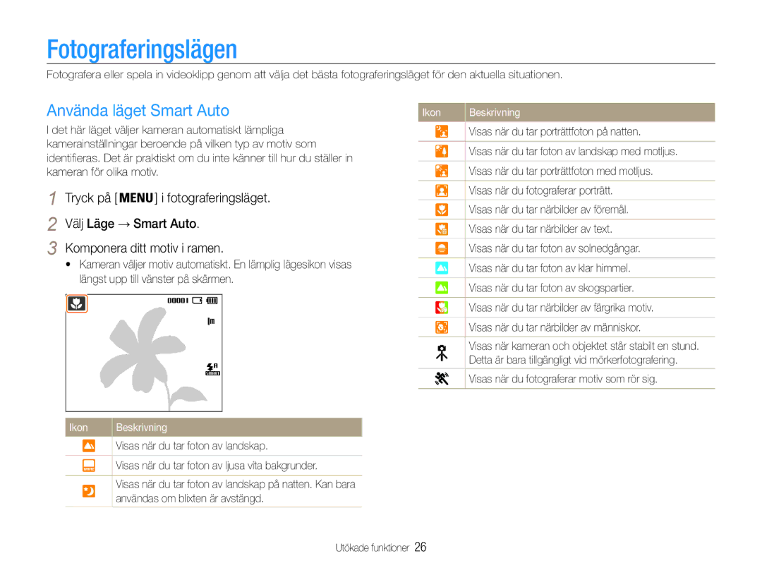 Samsung EC-ES30ZZBAPE2 Fotograferingslägen, Använda läget Smart Auto, Välj Läge → Smart Auto, Komponera ditt motiv i ramen 