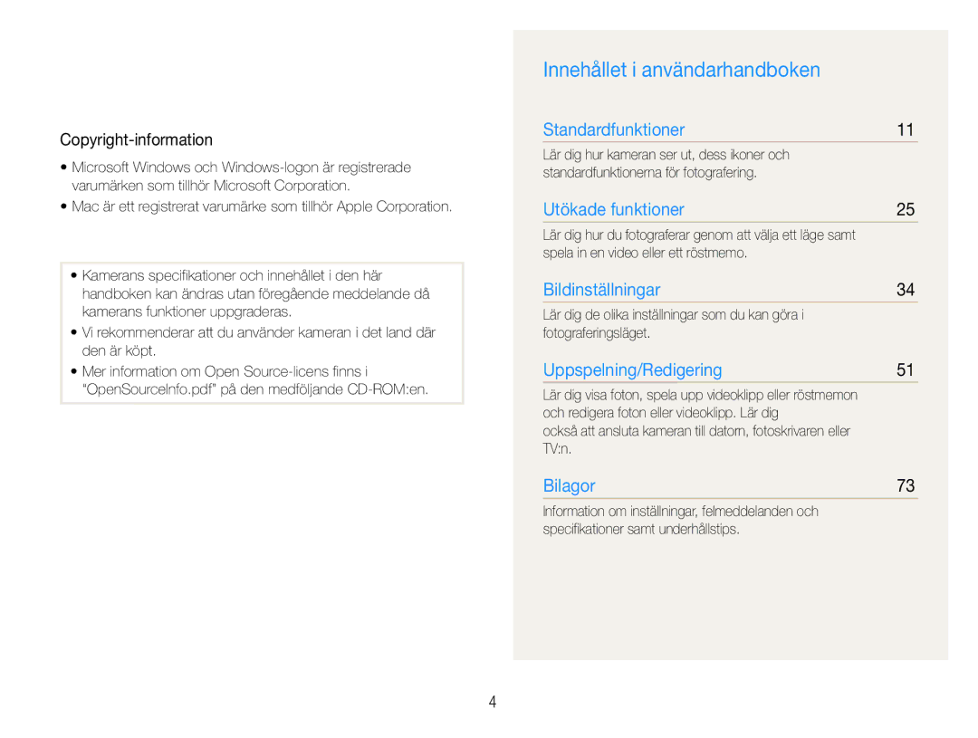 Samsung EC-ES30ZZBASE2 Innehållet i användarhandboken, Copyright-information, Spela in en video eller ett röstmemo, TVn 