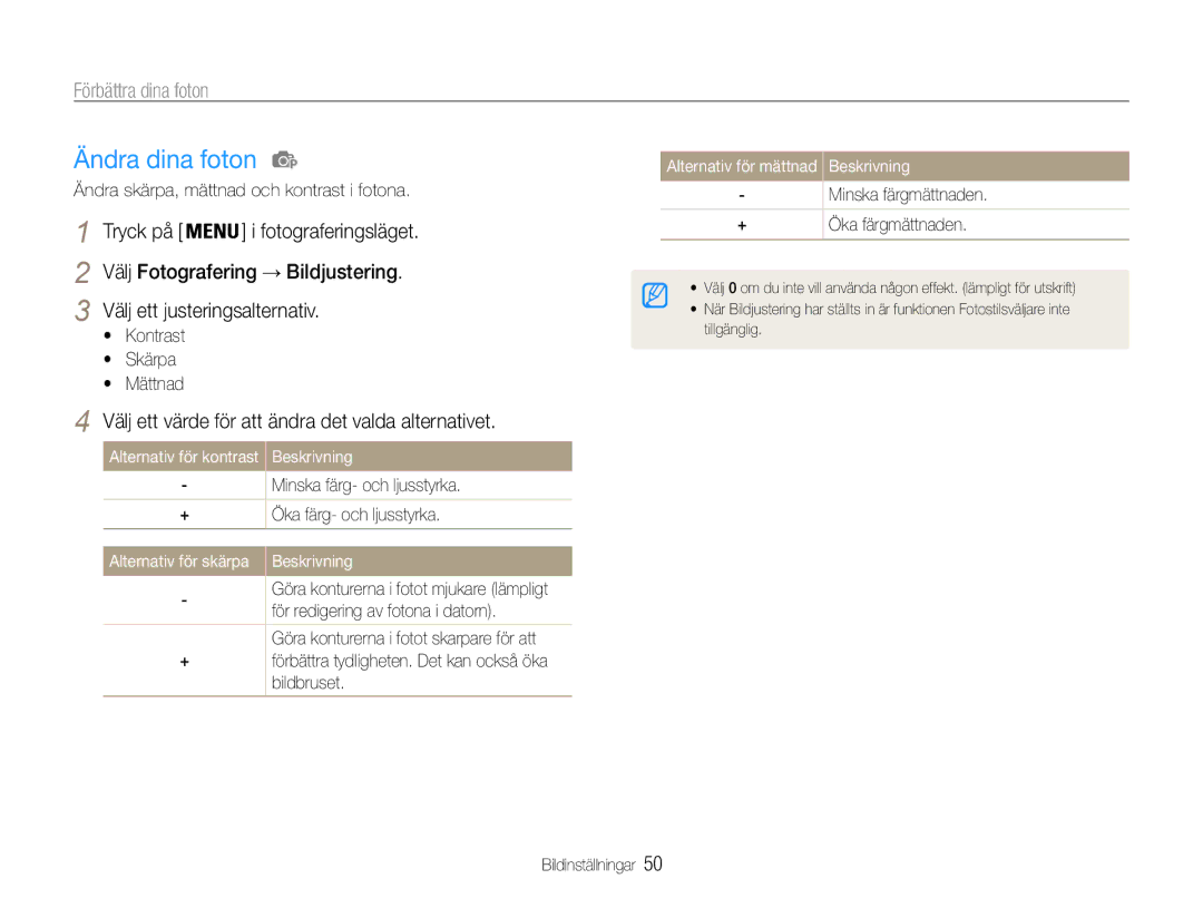 Samsung EC-ES30ZZBAPE2 manual Ändra dina foton, Förbättra dina foton, Välj ett värde för att ändra det valda alternativet 