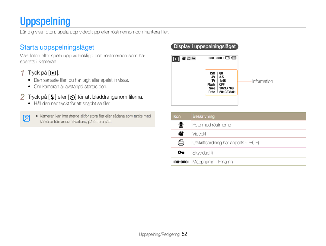 Samsung EC-ES30ZZBASE2 manual Uppspelning, Starta uppspelningsläget, Tryck på eller för att bläddra igenom filerna 