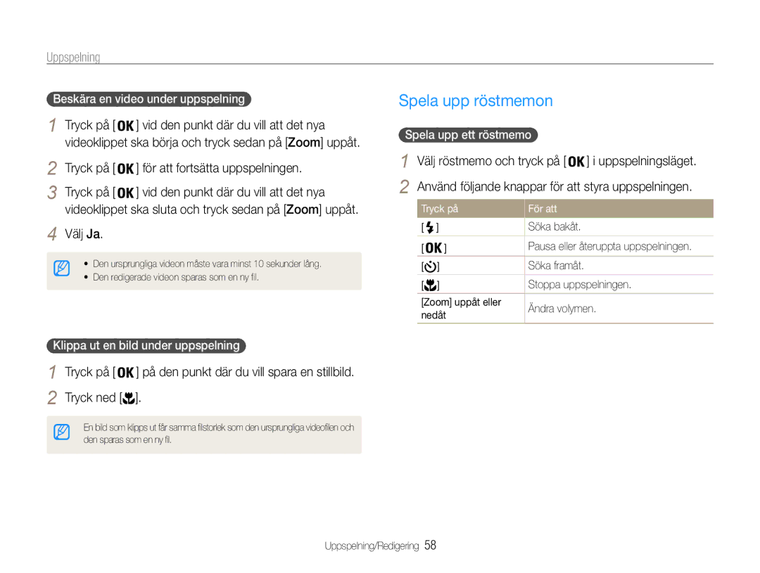 Samsung EC-ES30ZZBAPE2 manual Spela upp röstmemon, Tryck på Vid den punkt där du vill att det nya, Spela upp ett röstmemo 