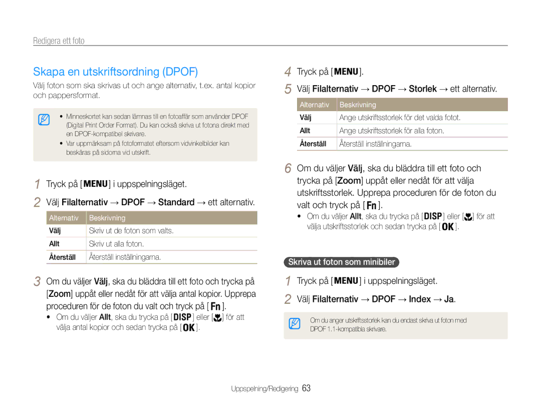 Samsung EC-ES30ZZBABE3, EC-ES30ZZBASE2 manual Skapa en utskriftsordning Dpof, Tryck på, Skriva ut foton som minibiler 