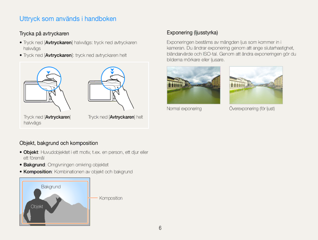 Samsung EC-ES30ZZBAPE2 manual Uttryck som används i handboken, Trycka på avtryckaren, Exponering ljusstyrka, Objekt 