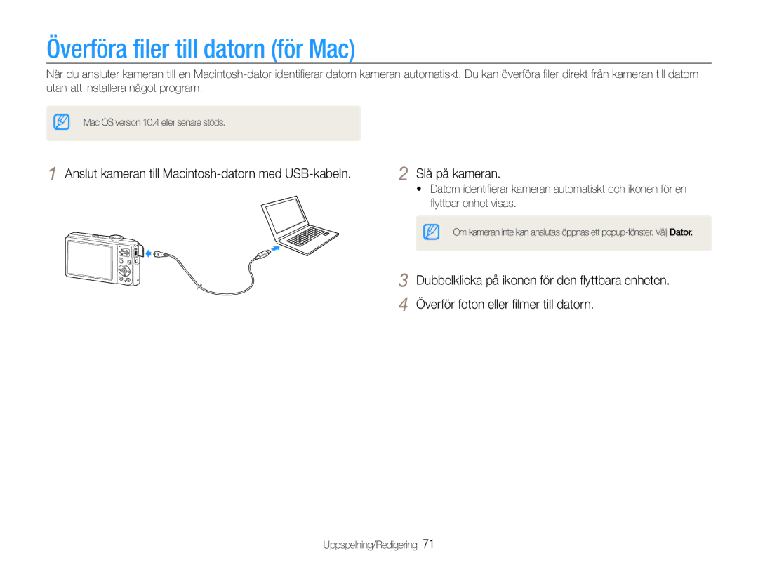 Samsung EC-ES30ZZBABE3, EC-ES30ZZBASE2, EC-ES30ZZBABE2, EC-ES30ZZBAPE2 manual Överföra filer till datorn för Mac 