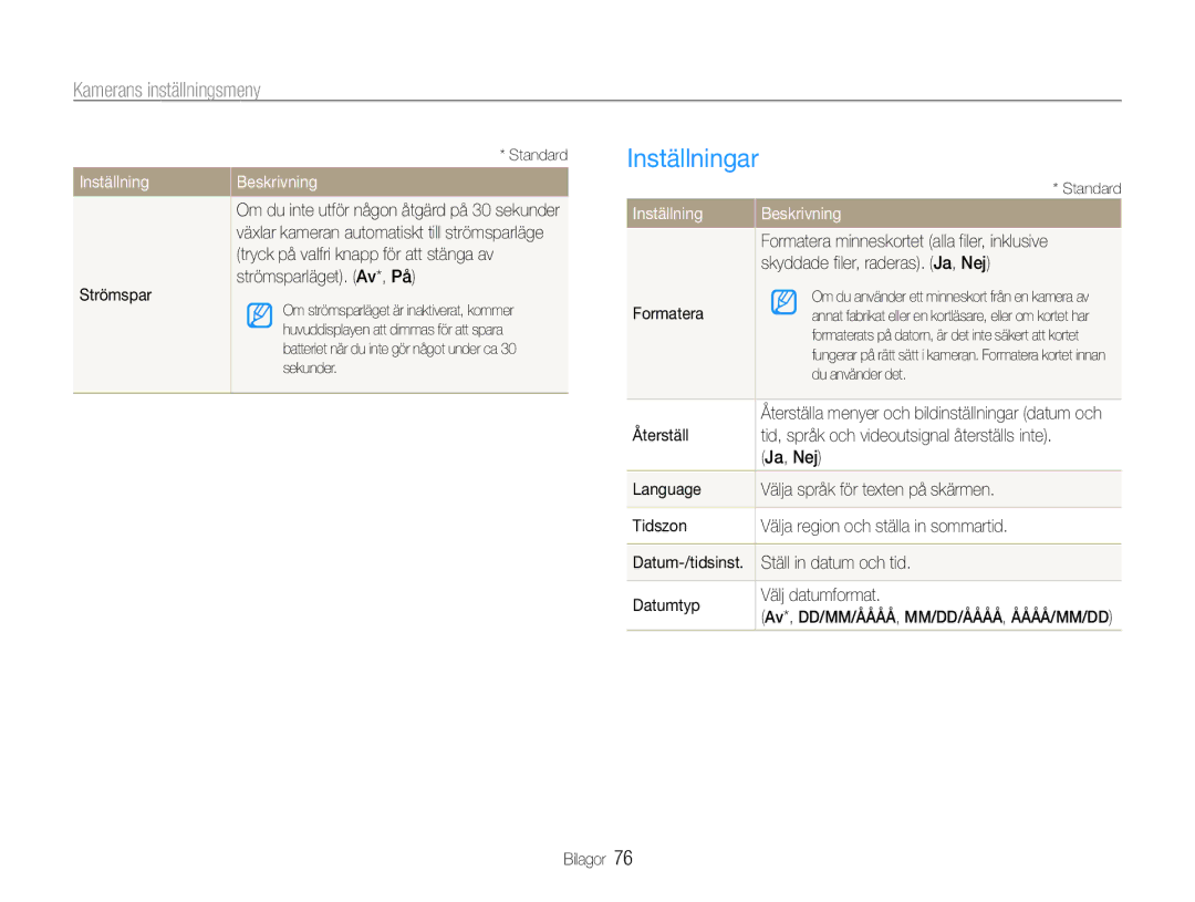 Samsung EC-ES30ZZBASE2, EC-ES30ZZBABE3, EC-ES30ZZBABE2, EC-ES30ZZBAPE2 manual Inställningar 