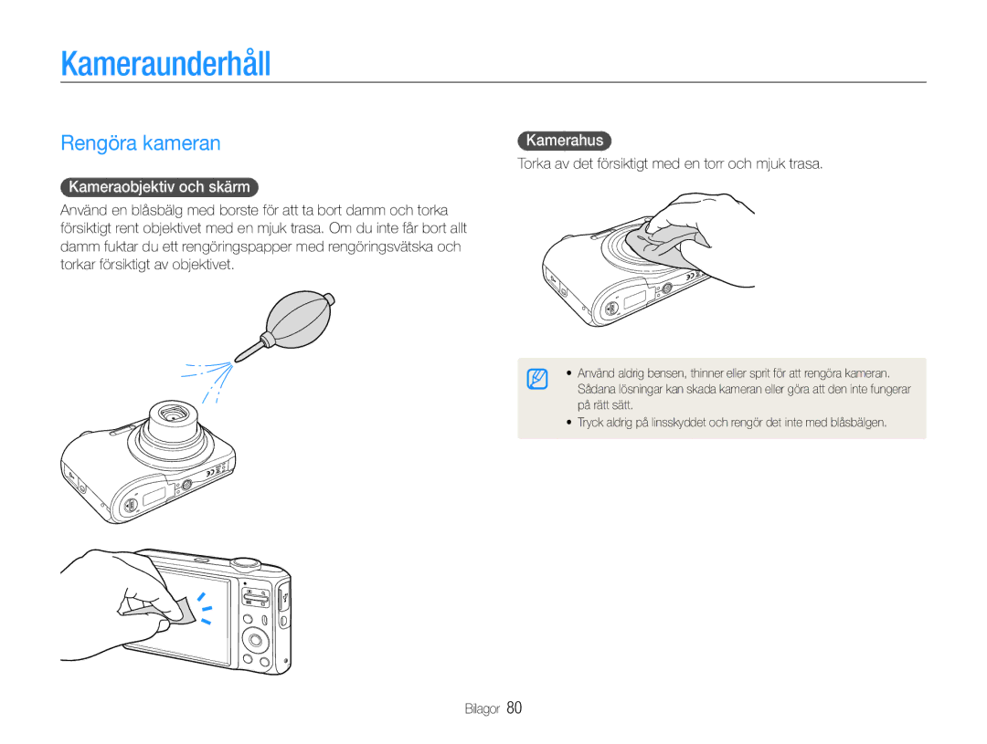 Samsung EC-ES30ZZBASE2, EC-ES30ZZBABE3 manual Kameraunderhåll, Rengöra kameran, Kameraobjektiv och skärm, Kamerahus 