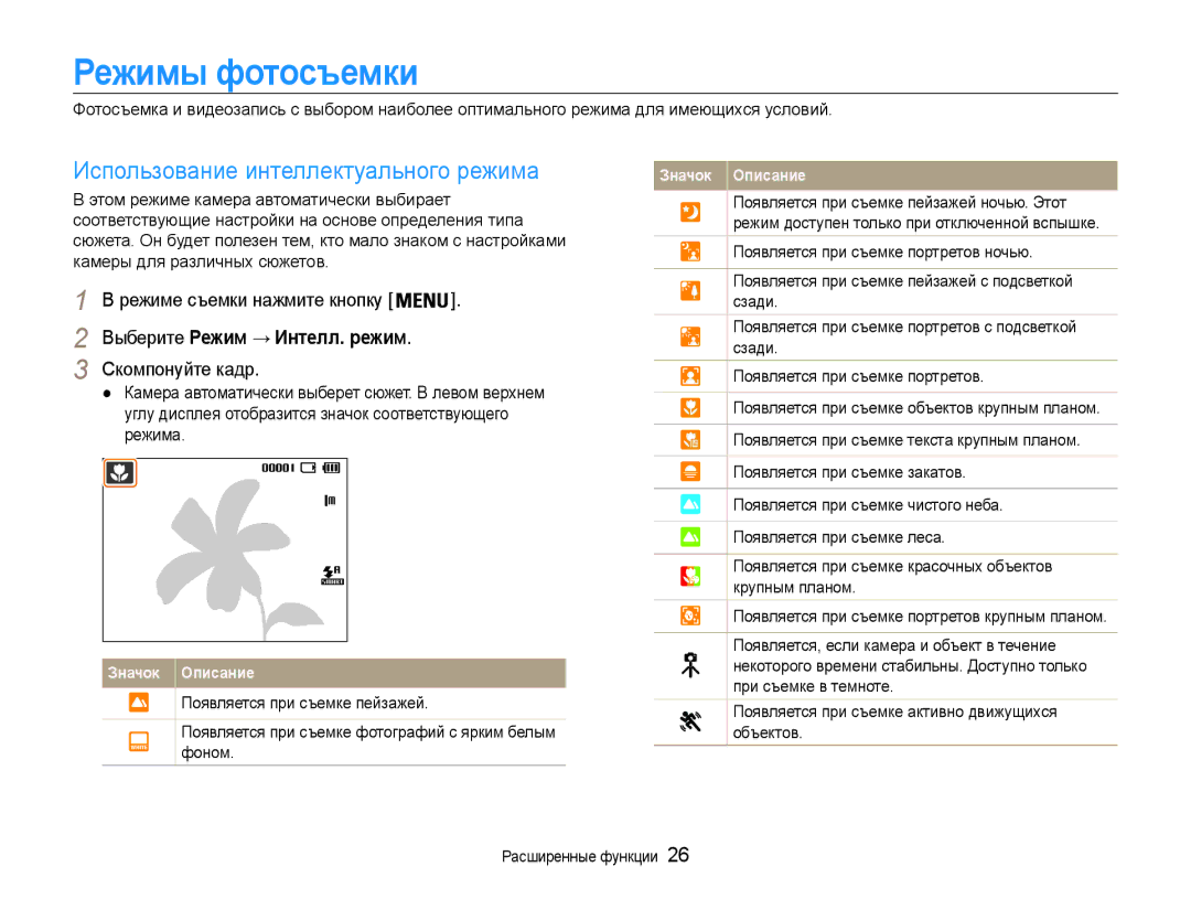 Samsung EC-ES30ZZBABRU, EC-ES30ZZBAPRU, EC-ES30ZZBASRU manual Режимы фотосъемки, Использование интеллектуального режима 