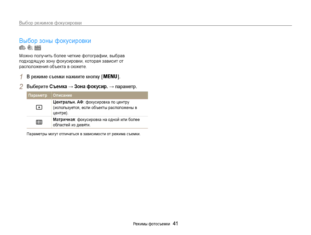 Samsung EC-ES30ZZBABRU, EC-ES30ZZBAPRU, EC-ES30ZZBASRU manual Выбор зоны фокусировки, Выбор режимов фокусировки 