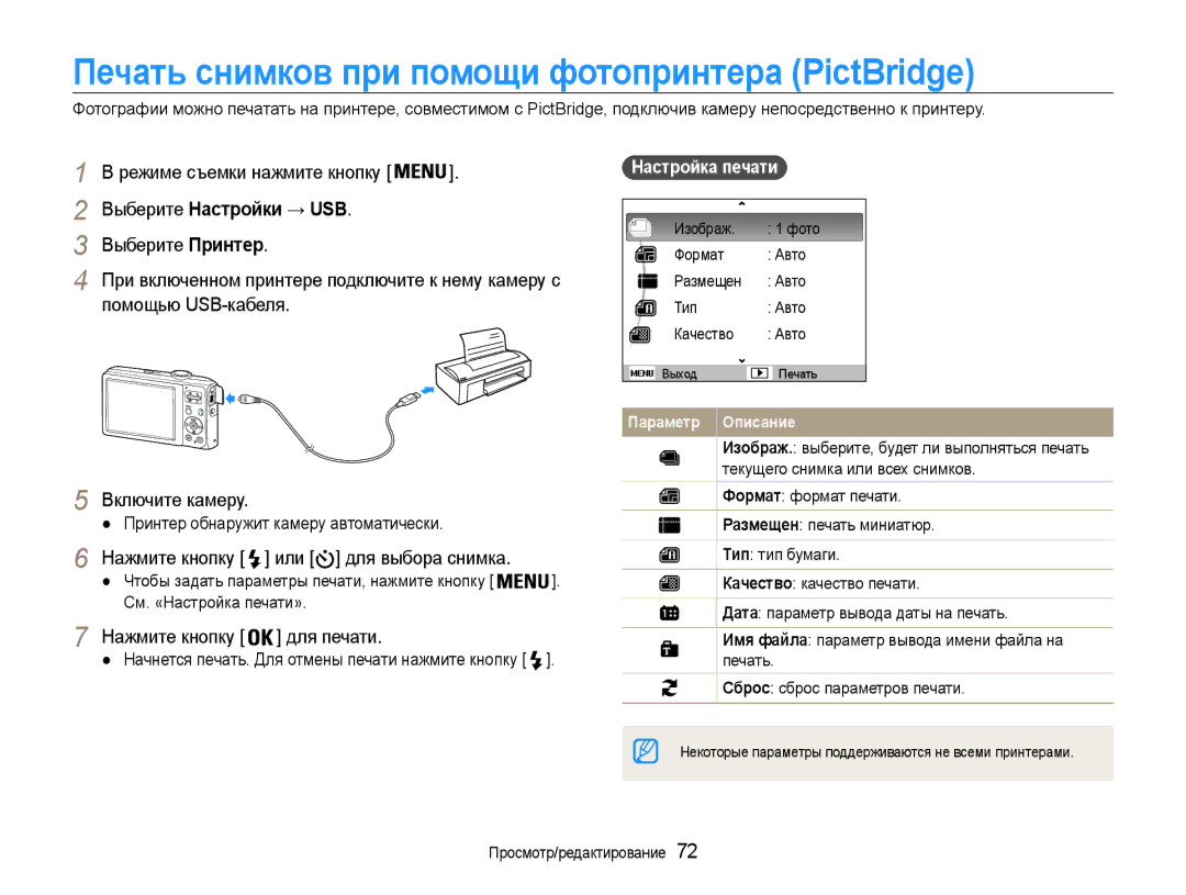 Samsung EC-ES30ZZBAPRU manual Печать снимков при помощи фотопринтера PictBridge, Выберите Настройки → USB, Настройка печати 