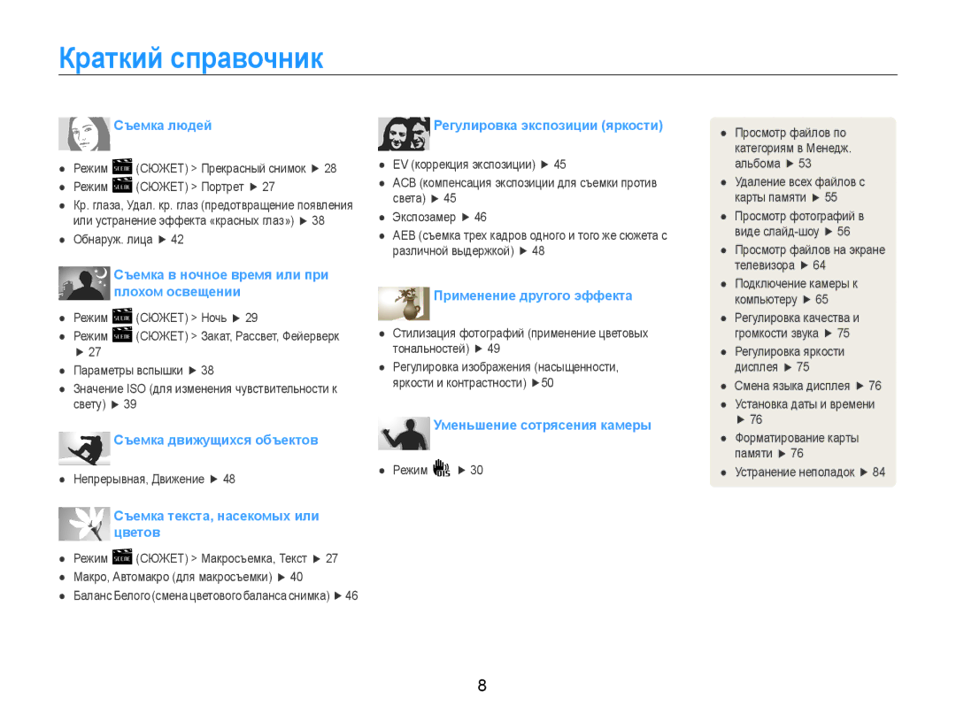 Samsung EC-ES30ZZBABRU, EC-ES30ZZBAPRU, EC-ES30ZZBASRU manual Краткий справочник, Съемка людей 