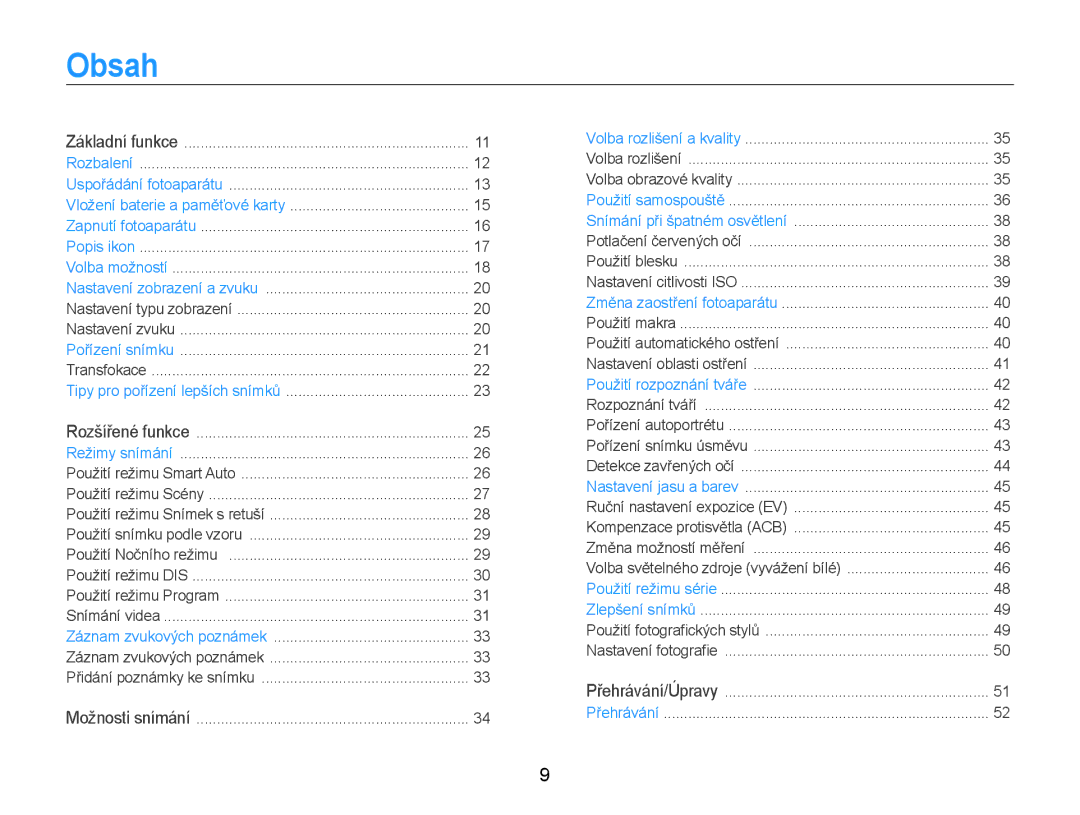 Samsung EC-ES30ZZBASE3, EC-ES30ZZBABE3 manual Obsah 