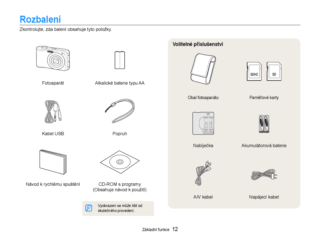 Samsung EC-ES30ZZBABE3, EC-ES30ZZBASE3 manual Rozbalení, Volitelné příslušenství 